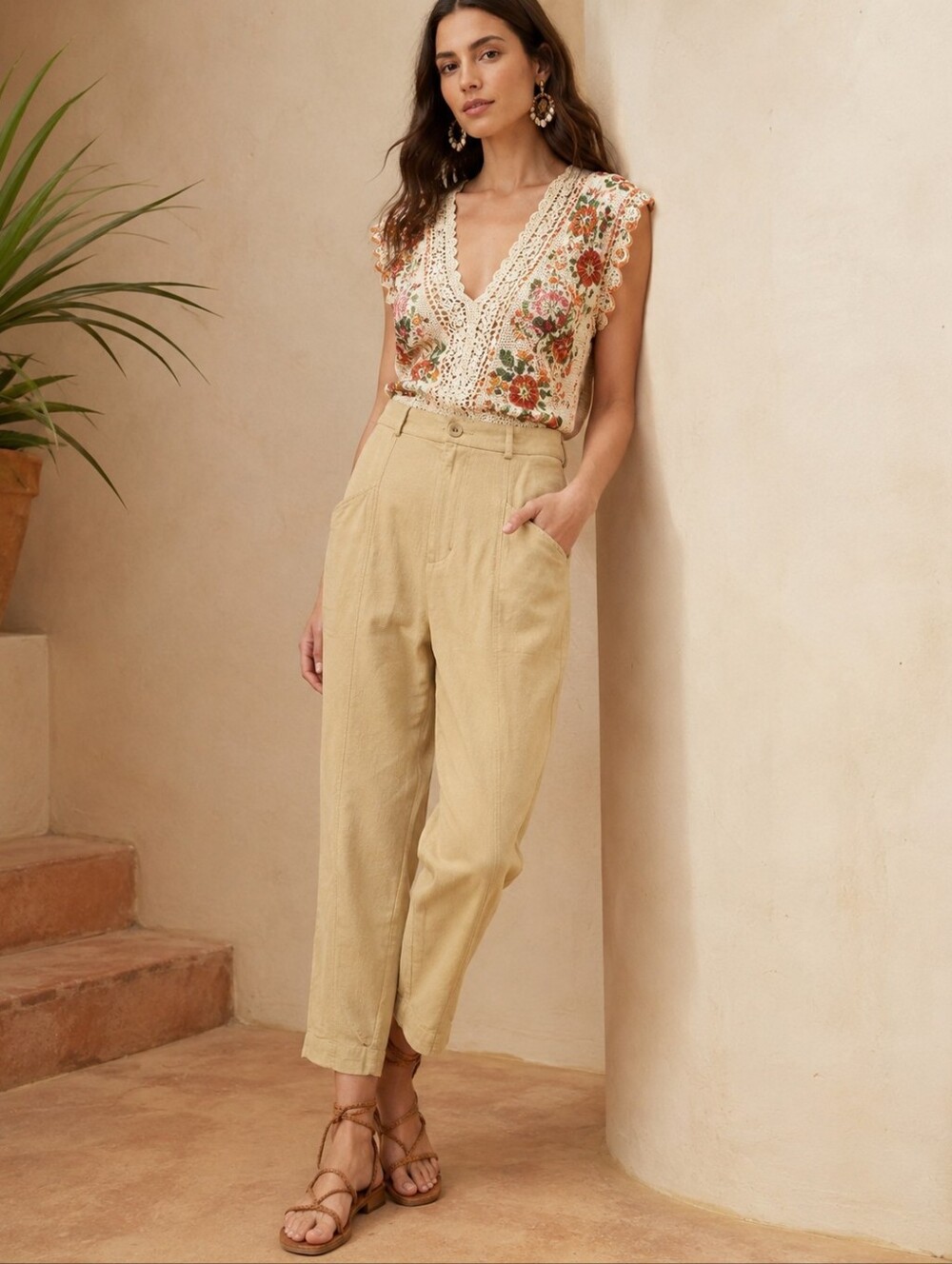 NWT FARM RIO LINEN VISCOSE HIGH RISE TAPERED PANTS BEIGE TAN SZ L